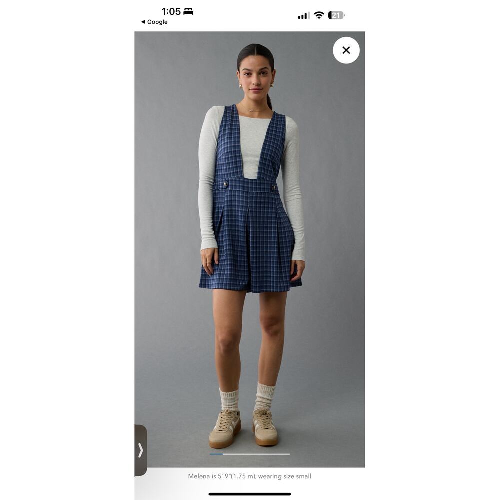 American Eagle It Knit Blue Checkered Pinafore Pleated Mini Dress XL - Picture 6 of 9